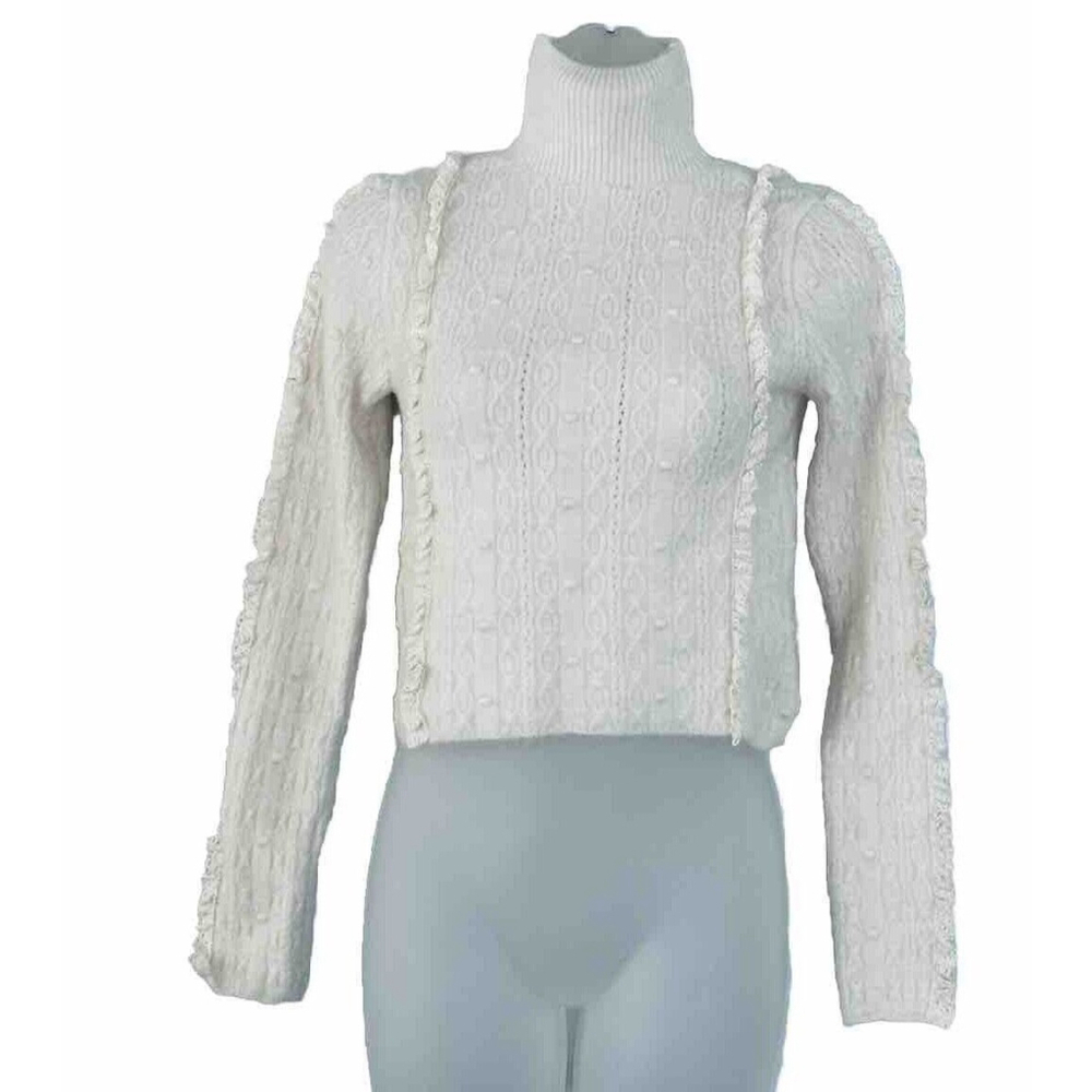 ZARA Cable Knit Sweater Lace Trim Small Ivory Turtleneck Boho Coquette Soft Girl